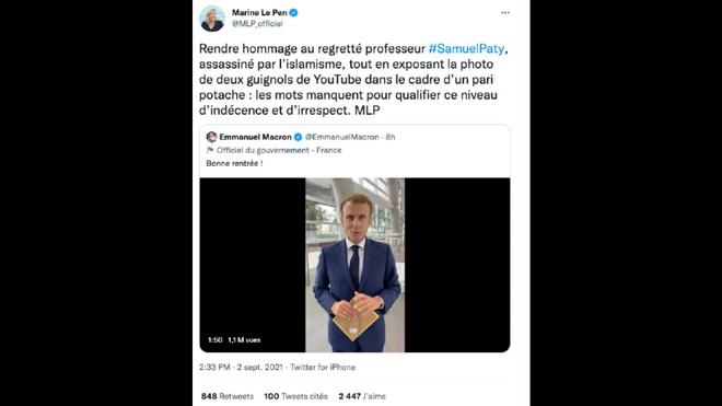 «Deux guignols» : Marine Le Pen charge violemment McFly et Carlito, après la vidéo d'Emmanuel Macron