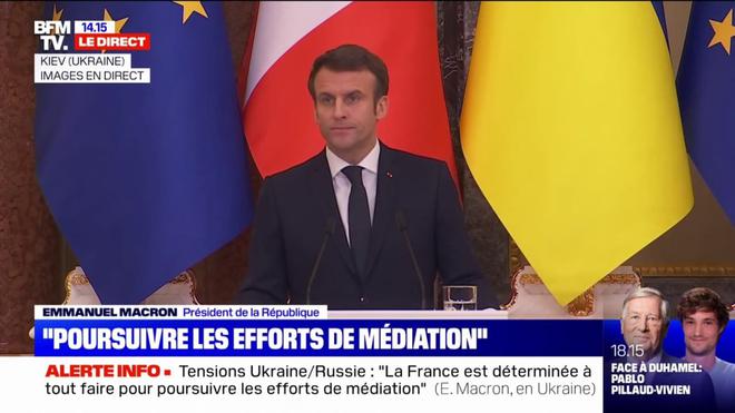 Conflit Ukraine-Russie: à Kiev, Emmanuel Macron dit vouloir "réengager une désescalade durable"