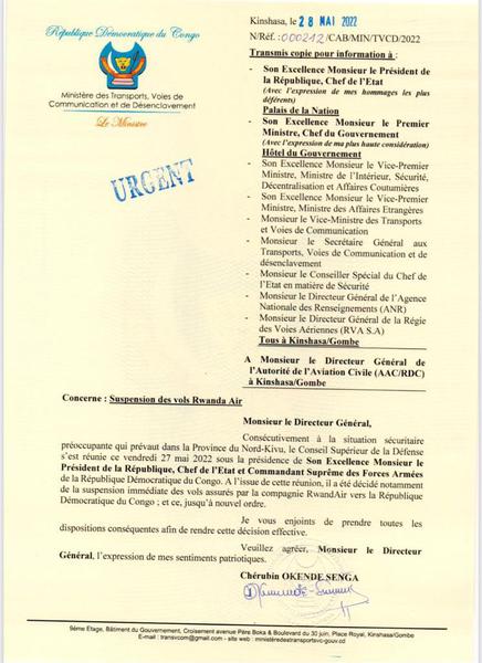 RDC: Le Ministre de Transport Cherubin Okende confirme la suspension des vols du Rwandair en RDC jusqu’à nouvel ordre