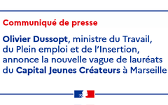 Olivier Dussopt, ministre du Travail, du Plein emploi et de l'Insertion, annonce la nouvelle vague de lauréats du Capital Jeunes Créateurs à Marseille