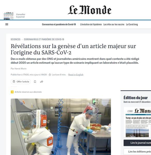 Le journal Le Monde publie un article complotiste concernant l’origine laborantine du SARS-CoV-2 !