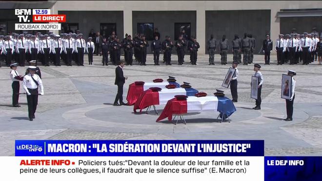 Roubaix: Emmanuel Macron remet, à titre posthume, les insignes de chevalier de la Légion d'honneur aux trois policiers tués