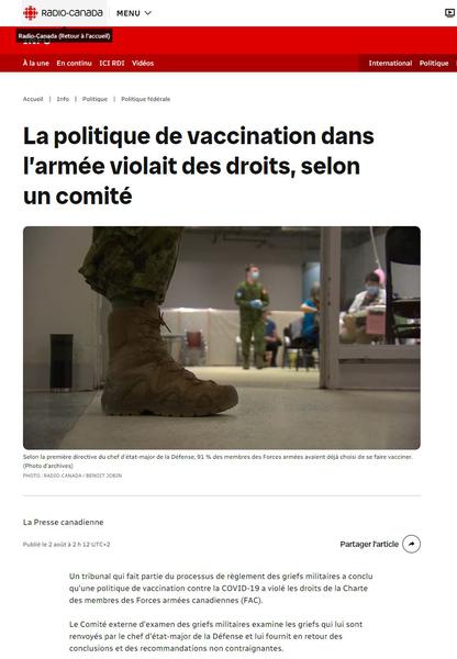Canada : selon un comité, la politique de vaccination dans l’armée violait des droits !