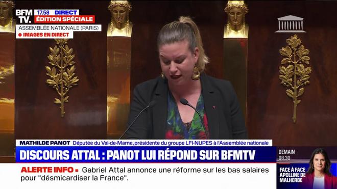Déclaration de politique générale de Gabriel Attal: "Vous n'avez ni la confiance de l'Assemblée, ni celle des citoyens", réagit Mathilde Panot (LFI)