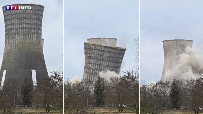 EN IMAGES - La tour historique de la centrale de Saint-Avold dynamitée, elle s'effondre en quelques secondes
