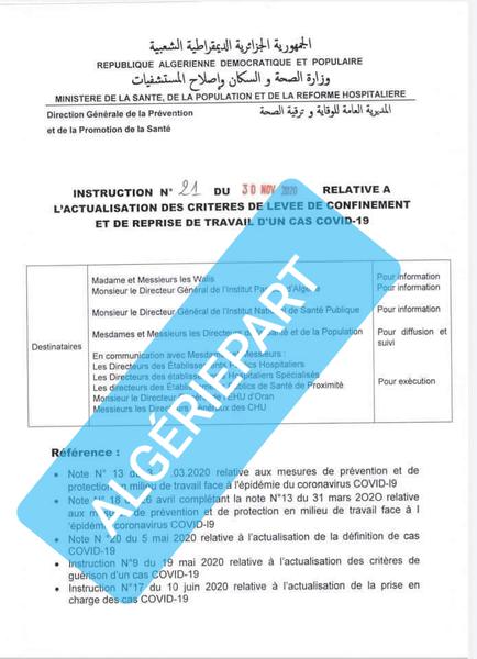 Document. Algérie : obligation d’une décision médicale avant toute reprise de travail après une infection COVID-19