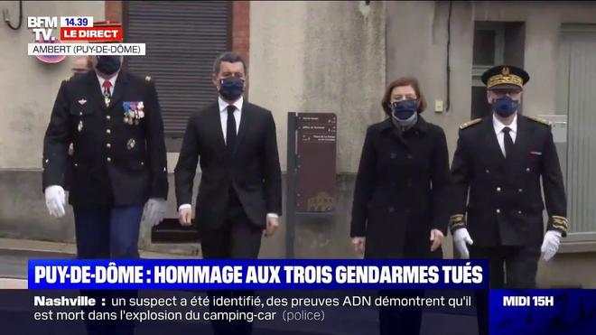 Puy-de-Dôme: Gérald Darmanin et Florence Parly arrivent à la cérémonie d'hommage aux trois gendarmes tués
