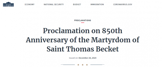 Proclamation du 850ème anniversaire du martyre de Saint Thomas Becket par Donald Trump à la MaisonBlanche.