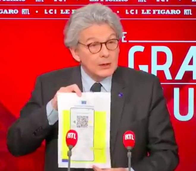 Pistage oligarchique via l'UE : l'apparatchik Thierry Breton présente le "certificat vert numérique"
